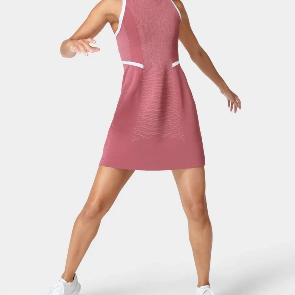 Sweaty Betty Rose Pink Racerback Tennis Dress with White Trim